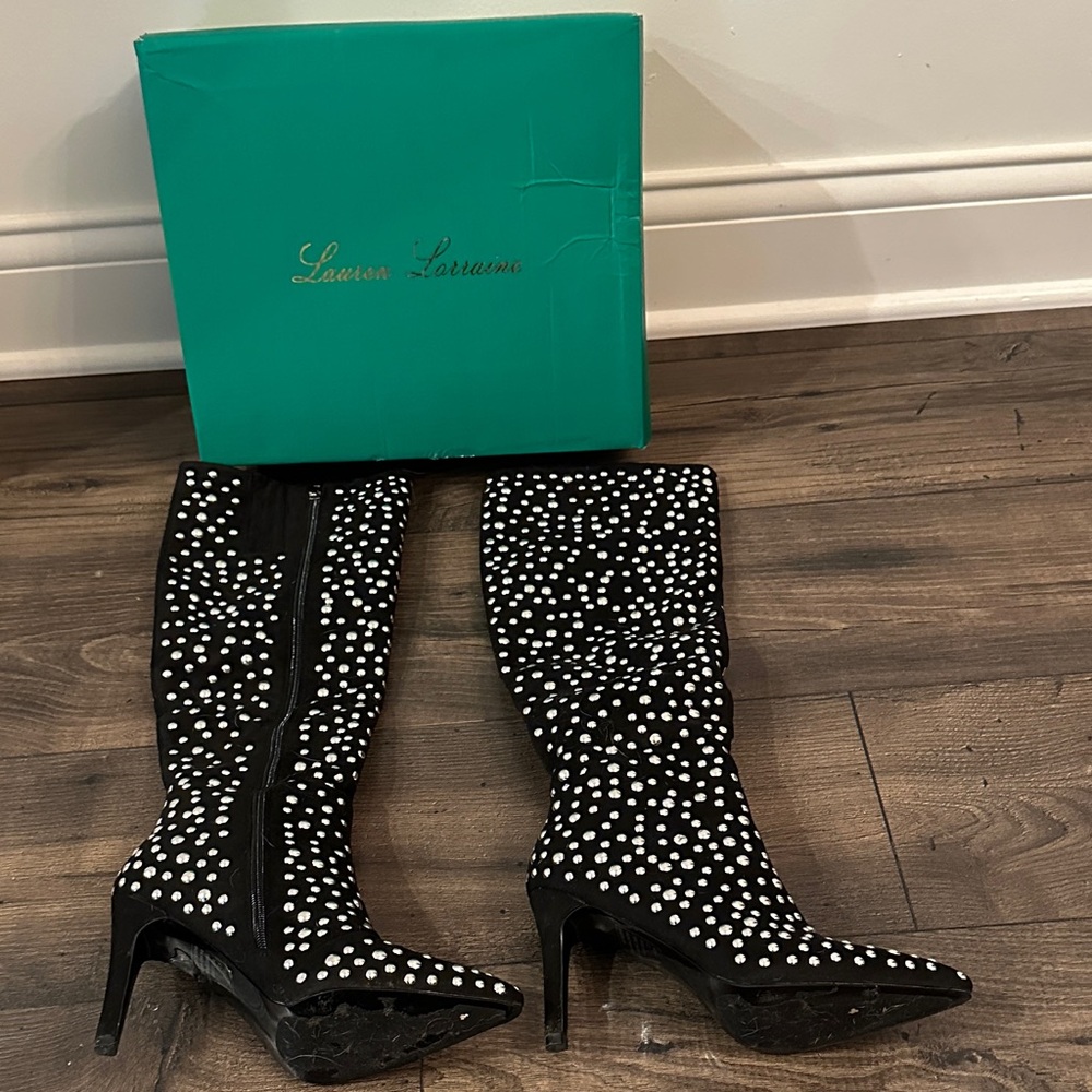 Fun Lauren Lorraine Black Suede and Silver Studded Knee High Boots Size 6 1/2